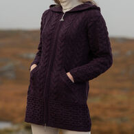 Aran Crafts Women's Long Hooded Celtic Knot Zip Front Irish Sweater
